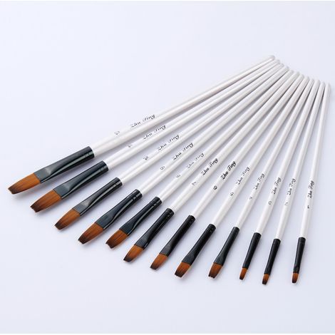 Ensemble de 12 pinceaux aquarelle à manche blanc et pointe plate – Pinceaux acryliques bicolores en nylon – Idéal pour les étudiants, le bricolage et la peinture artistique (1/5)