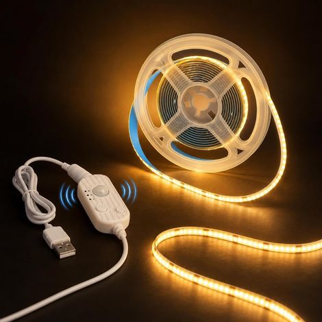 3 m Ruban LED COB Détecteur de Mouvement, 5V Ruban LED Blanc Chaud 2700K, 960LED avec 3 Modes, Mise en Marche/arrêt Automatique, Bande LED Activée Mouvement pour escaliers, lits, Armoires et Cuisines (1/5)
