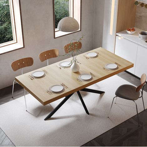 Mesa extensible 140-180x80x76 cm de MDF y metal, acabado natural, con almacenaje FloraGrace (1/5)