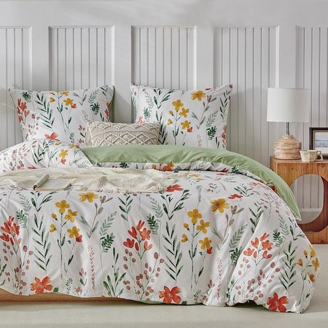 Bettwäsche-Set 260x240 cm mit Blumenmuster, Mikrofaser, 3-teilig, Grün