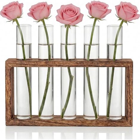 Vase Decoratif Petits Vases en Tubes à Essai,Station De Propagation Hydroponique,Vase en Verre avec Support en Bois,pour Plantes hydroponiques, la Maison (1/5)
