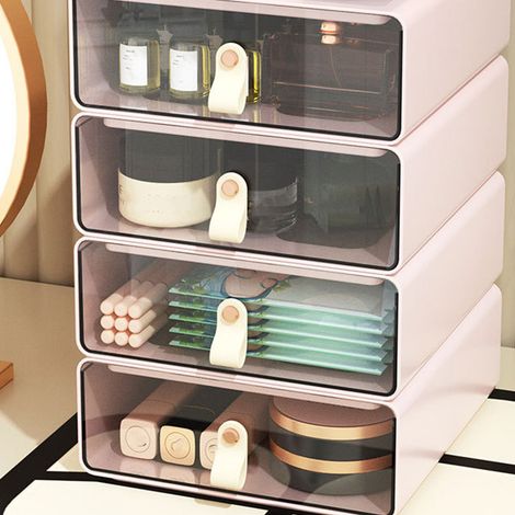 Boîte de rangement créative à tiroirs transparents, empilable et de grande capacité, idéale pour les bureaux, les chambres d'étudiants et les dortoirs, de couleur rose princesse. (1/5)