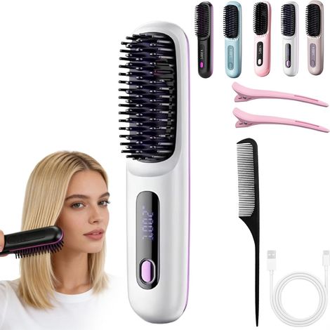 Heated Brush for Short Hair, Portable Rechargeable Straightener, Adds Volume in 2 Minutes, Portable and Rechargeable Styling Brush for Travel and Daily Use (1B)