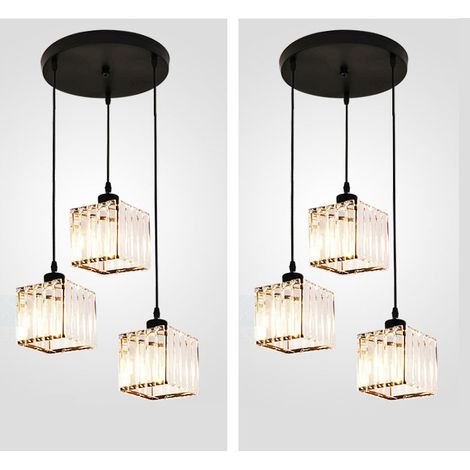 2pcs Lampadario artistico in cristallo a tre teste, lampadario per isola da cucina, plafoniera E27, cavo regolabile, adatto per patii e club (nero). (1/5)