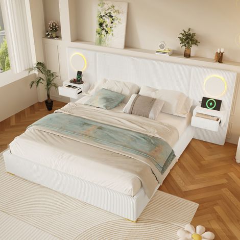 Bett 180x200 cm beige aus Samt mit LED-Kopfteil, USB-Anschlüssen und Nachttisch-Schubladen (1/5)