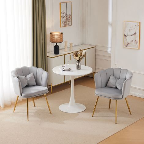 Set de 2 sillas 63x58x77 cm gris en terciopelo con respaldo de pétalo y patas metálicas doradas (1/5)