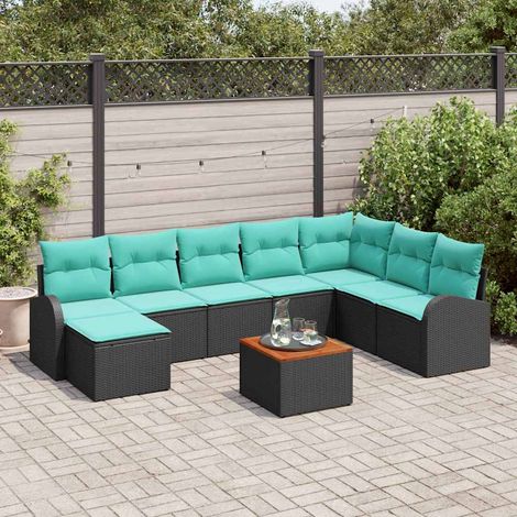 Salon de jardin modulable 9 pièces, 8 places, polyrotin noir et turquoise, bois d’acacia - PANGIVO (1/5)