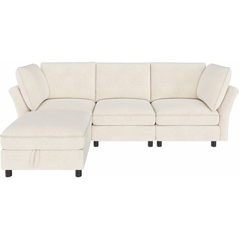 Divano angolare modulare L con pouf contenitore, chenille beige, 4 posti, MODENUIT (1/5)