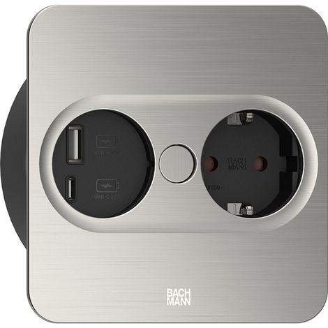 BACHMANN Einbausteckdose TWIST 2 eckig, Schukosteckdose, USB, Edelstahl Effekt (1/5)