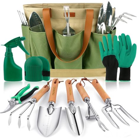 Ensemble d'Outils de Jardinage, 10 Pièces en Acier Inoxydable à Usage intensif avec poignée en Bois antidérapante - Cadeaux pour Les Femmes et Les Hommes, Vert (1/5)