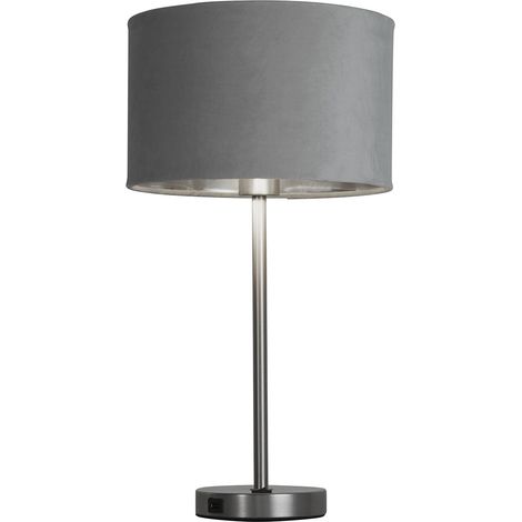 Lampada da tavolo USB Finn - Metallo nichel satinato e paralume in velluto grigio (1/5)