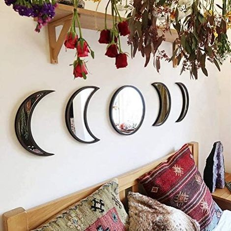 Lot de 5 Miroirs de Phase de Lune, Miroir Décoratif Mural en Acrylique avec Cadre en Bois, Miroir de Phase de Lune, Décoration Murale pour la Maison, Le Salon, la Chambre à Coucher (Noir) (1/5)