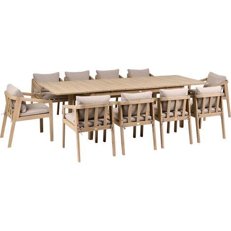 Conjunto de comedor exterior para 10 personas mesa y sillas de madera de acacia certificada con cojines beige marrón claro Toscanella (1/5)