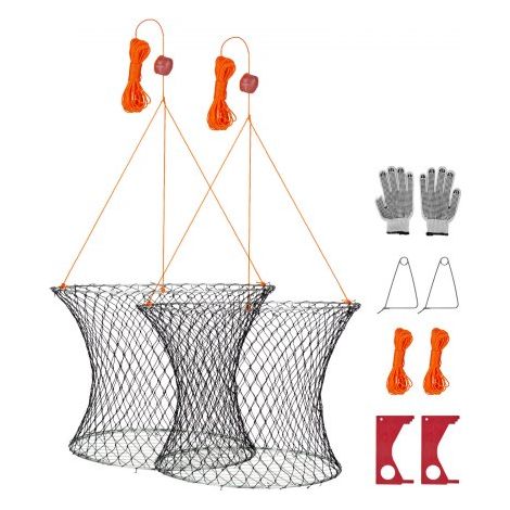 Krabbenfallen mit Doppelringen 60 cm (oben) 50 cm (unten), Krabbenreusen 2 Stk. Faltbar mit Skala, 18,28 m Seil und Drahtgitterboden, Krabbensenke für Blaukrabben Wollhandkrabben (1/5)