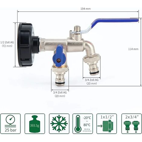 Robinet de jardin extérieur (entrée d'eau DN15), antigel, double commande, en cuivre, pour lave-linge et évier de jardin 1/2 (1/4)