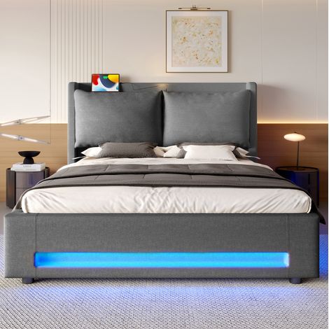 lit adulte rangement 160x200 lin gris fonce USB LED OKMYHOME (1/5)