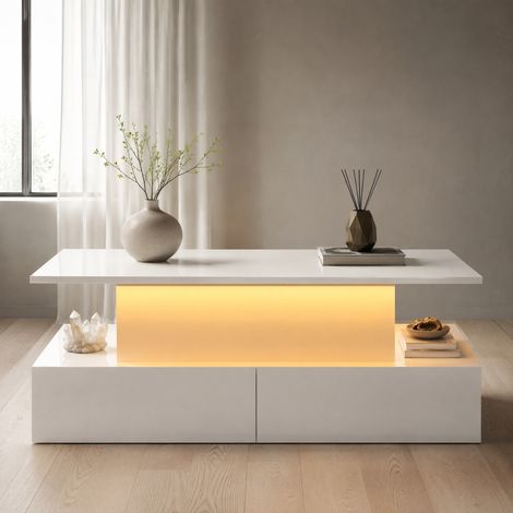 Table basse LED blanche laquée 90 x 55 x 41 cm avec 4 tiroirs DESVIAE (1/5)