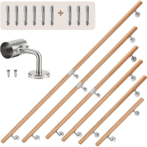 Randaco Buchenholz Handlauf 150 cm, 2-teilig, Treppenhandlauf aus Massivholz mit Edelstahl-Wandhalter, Ø 4,2 cm, lackiert, für Treppe Flur Bad Gartenstufen (1/5)