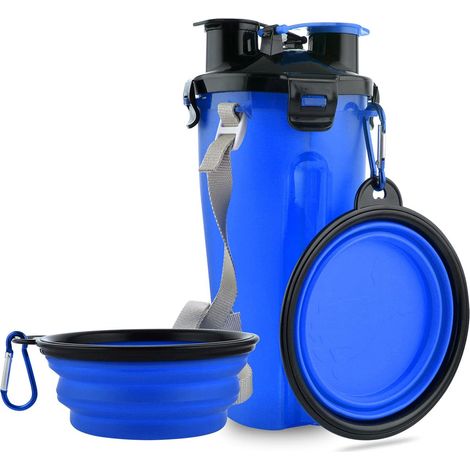Gourde de voyage pour chien avec gamelles pliables, récipient 2-en-1 pour nourriture et eau, gamelles portables pour promenades, voyages, camping et randonnée (Bleu) (1/5)