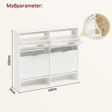 Meuble de rangement pour chaussures 120x24 cm, façade cannelée, étagère réglable avec système anti-chute, table d'appoint déco pour entrée, finition blanche (1/5)
