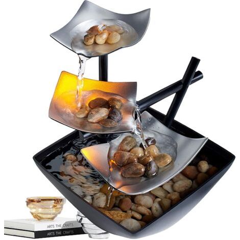 Fontaine de Bureau d'intérieur,Cascade Ornements d'eau Courante,Décor de Table Zen Moderne en Métal,avec Lumières LED,pour la Décoration de la Maison,L'ameublement de Bureau,Chambre (Argent) (1/5)