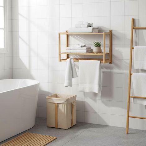 Badezimmerregal aus bambus mit handtuchhalter und haken (1/5)