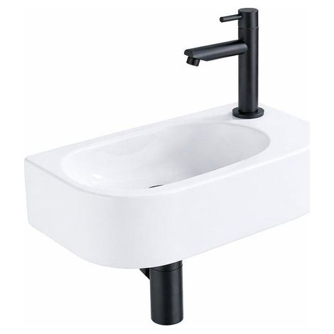 QeramiQ Fuente Ensemble de Lavabo - 40x21.5x12cm - droit - lisse - demi-rond - 1 trou de robinet - céramique - robinet de lavabo noir mat - bouchon de (1/5)