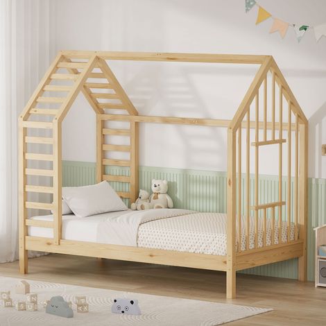 ML-Design Cama infantil 80x160cm forma de casita con somier, madera de pino estructura de listones, techo y ventana, lecho montessori para niños y niños, hasta 90 kg, fácil montaje, blanco (1/5)