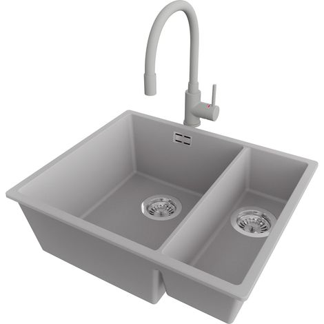 PRIMAGRAN Evier Sous Plan 56x47cm,Evier en Granit 1,5 bacs + Robinet 38x14cm + Kit de Vidage, Évier au meuble 60cm - London Duo, Gris (1/5)