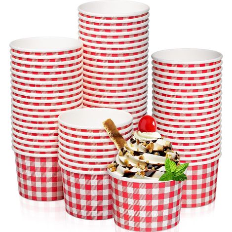 Gobelets en papier à motifs vichy pour glaces, bols jetables, assiettes à dessert pour pique-nique, tasses écossaises rouge et blanc, vaisselle jetable pour aliments chauds ou froids, lot de 50, fête (1/5)