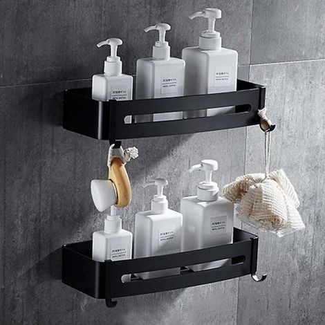 Lot de 2 étagères de douche adhésives en aluminium, sans perçage, fixation murale, idéales pour salle de bain et cuisine (1/4)