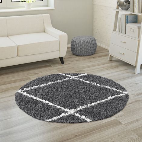 Paco Home Tappeto Salotto Pelo Lungo Tappeto Soggiorno Shaggy Motivo Diamante Scandinavo Antracite, Ø 200 cm tondo
