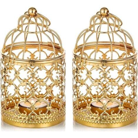 2 piezas de pequeñas farolas de jaula de pájaros, fotóforo suspendido de metal, farolas doradas para velas como decoración de mesa de estilo vintage para bodas, celebraciones, placas de calor, soporte (1/4)
