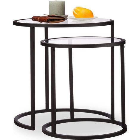 noir basse d'appoint gigogne lot de 2, nuit ronde, Tables de chevet, HxLxP : 50,5 x 50 x 50cm, acier, verre (1/5)