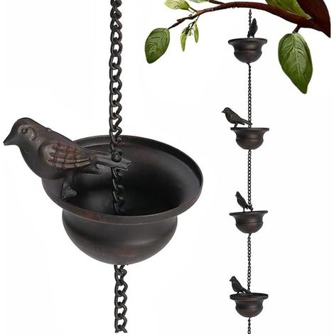 Chaîne de pluie de 2,4 mètres chaîne de pluie décorative avec oiseaux pour gouttières, chaîne de pluie mobile avec oiseaux et coupelles, collecteur d'eau de pluie (1/4)