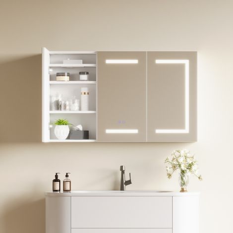 Armoire de salle de bain, LED miroir, Prise électrique intégrée, 3 portes, 7 Étagères Réglable, 100x13.5x60cm, Blanc