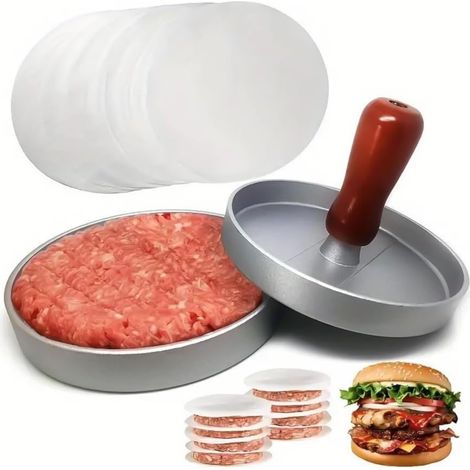 Presse à hamburgers avec 100 feuilles de papier sulfurisé antiadhésives – Moule à hamburgers pour viande, bœuf, fromage et légumes. Idéal pour le gril, la plancha, le barbecue et les grillades. (1/5)