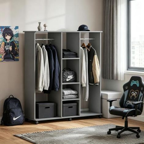 Portant à vêtements ouvert, rack de rangement mobile à étagères multiniveaux, présentoir à vêtements autoportant. (1/5)