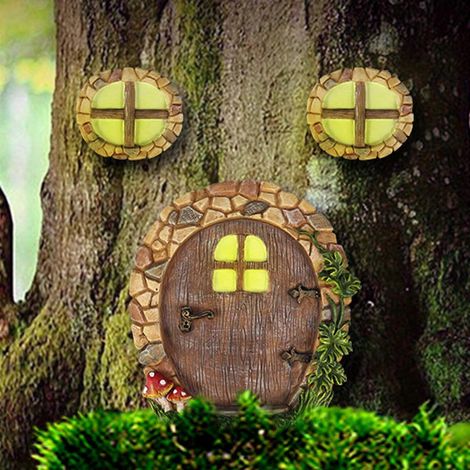Porte féerique lumineuse et kit pour fenêtres, statue miniature en résine, gnomes, ornement pour arbres, décoration extérieure pour jardin, cour ou arbre. (1/4)