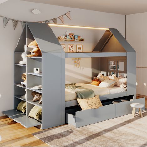 Lit enfant maison 90 x 200 cm avec 2 tiroirs, LED et rangements, gris HAVRYA (1/5)