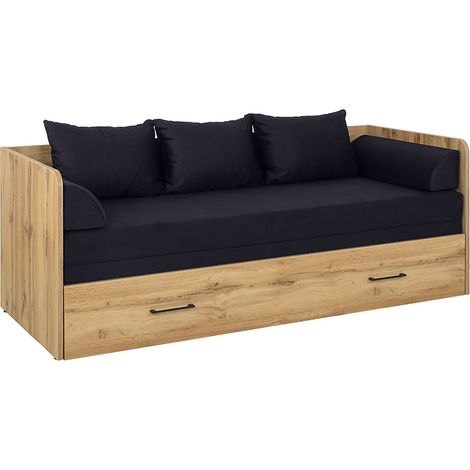 Lit canapé convertible 80-160x200 cm coloris Chêne wotan avec coffre de rangement, matelas et 3 oreillers noir - Longueur 200,5 x Profondeur 79/154 x Hauteur 73 cm (1/4)