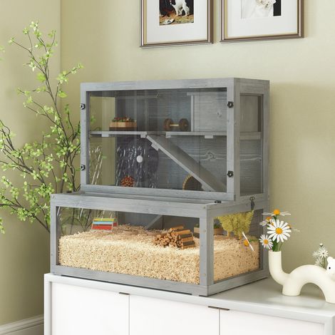 Cage Hamster en Bois, 3 Niveaux avec Cabane, Roue, Rampes, Panneau Transparent, Espaces Séparés, 80x50x84cm, Gris (1/5)