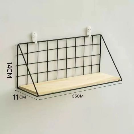 (SNJ-35CM) Étagère murale flottante en bois avec panier en fil métallique, idéale pour chambre d'étudiant ou salle de bain. (1/5)
