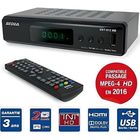 Décodeur TNT double tuner HD – Enregistreur USB – Affichage des chaînes en façade – Châssis métallique – Détection formats 4:3 et 16:9 – Sedea