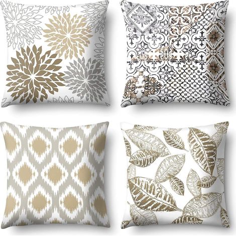Lot de 4 taies d'oreiller à motif géométrique de feuilles, housses de coussin en lin pour canapé, décoration intérieure 45 x 45 cm (1/4)