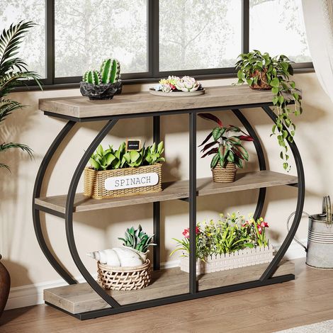 Table console industrielle 41,3 pouces – table d’entrée avec 3 niveaux de rangement – structure en métal courbé – pour salon et entrée,Gris clair
