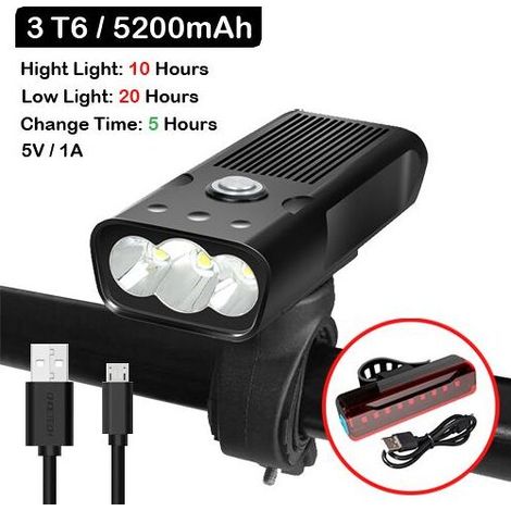 Juego de luces delanteras y traseras para bicicleta (iluminación para bicicleta de montaña) con batería de 5200 mAh – Modelo: 3 T6 5200 luz trasera – HTBZXCZMA07267