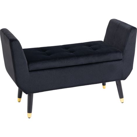 Banc coffre rembourré velours avec accoudoirs rangement, pieds bois, pour salon chambre couloir 107 x 42 x 65 cm, noir