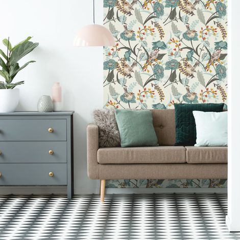Papier peint intissé pré-encollé - VINTAGE FLEURS BLEUES ET MOINEAUX - 1 rouleau de 300x60cm (1/5)