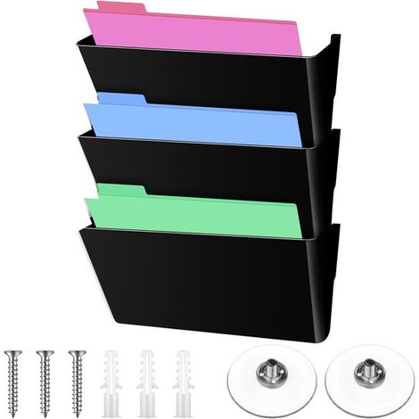 Porte-revues mural - ensemble de 3 pièces - plateau à documents noir - dimensions : 42 x 17,8 x 10,9 cm - en plastique - avec fixation par ventouse et vis (1/5)
